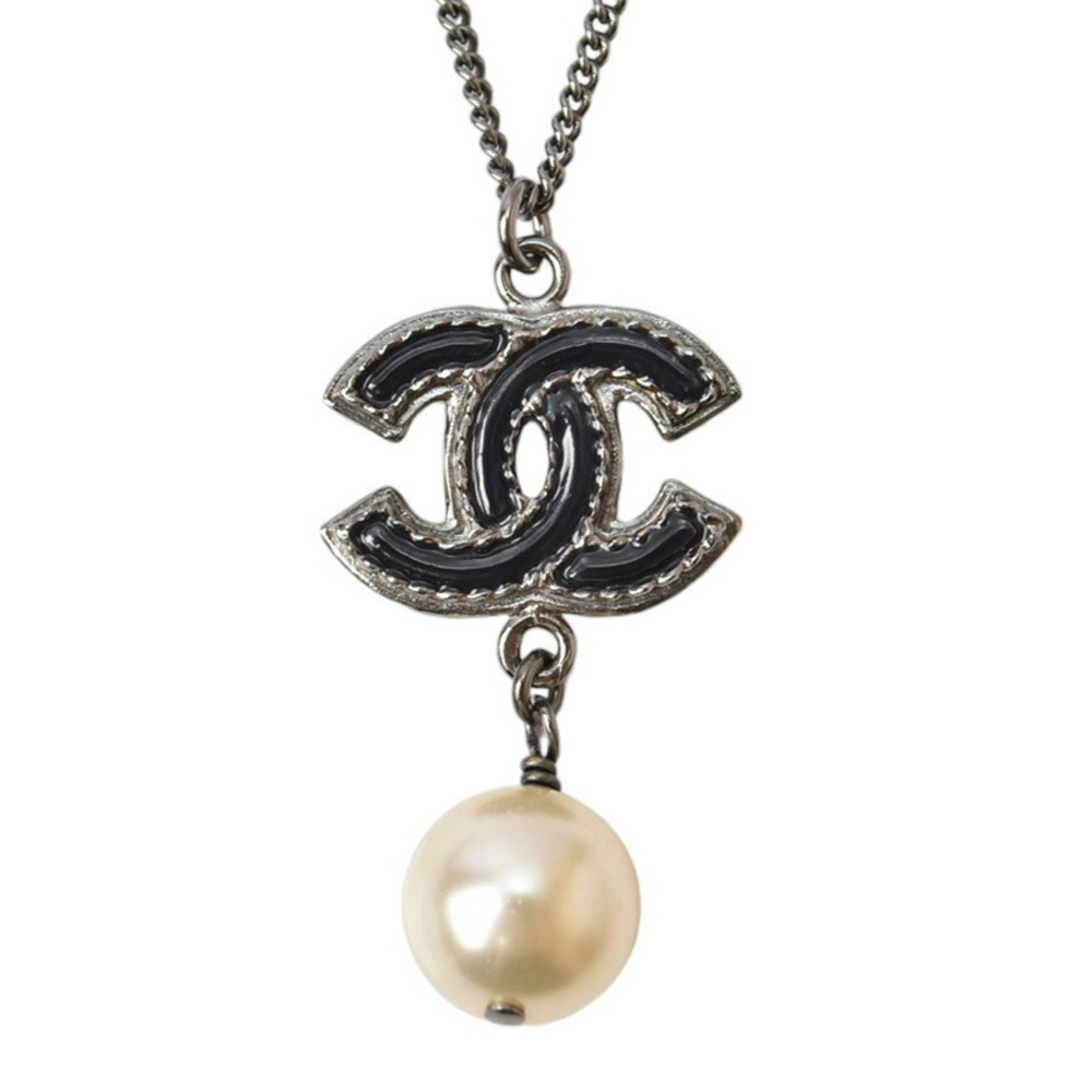 CHANEL Authentic Black Pearl Logo Necklace